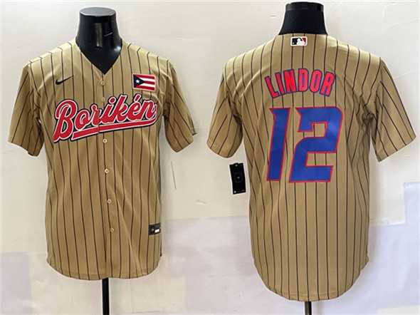 Men%27s Puerto Rico #12 Francisco Lindor Tan 2023 World Baseball Classic Stitched Jersey